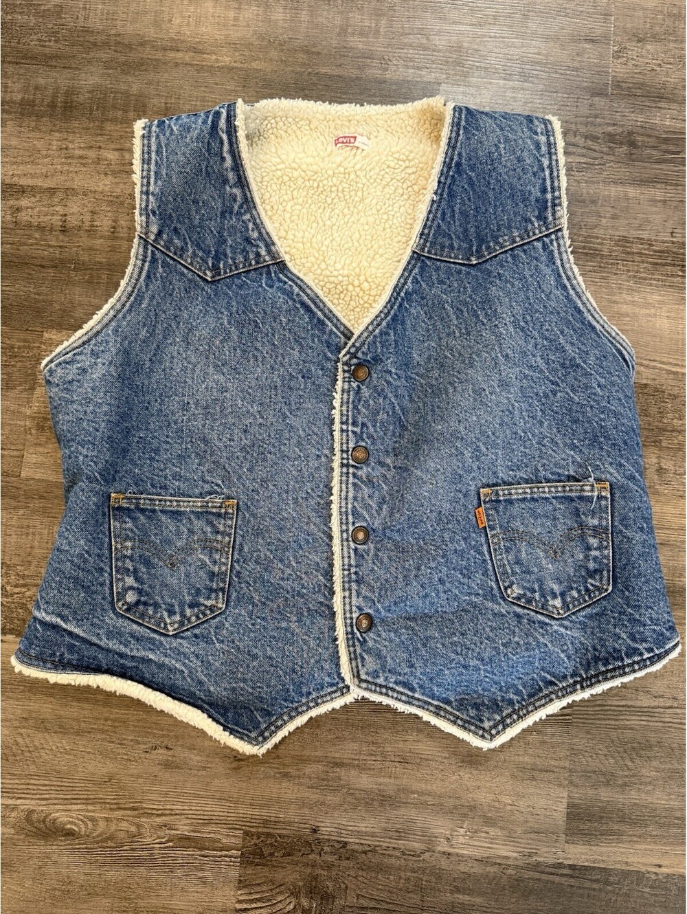 Vintage 70's Levi's Jean Vest Orange Tab Men's XL Sherpa Denim USA Western